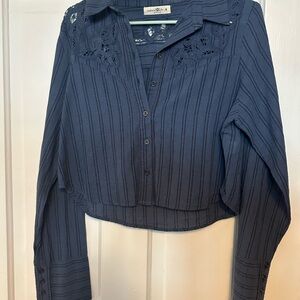 NATURAL LIFE Navy Button Down Cropped Shirt with Lace Details